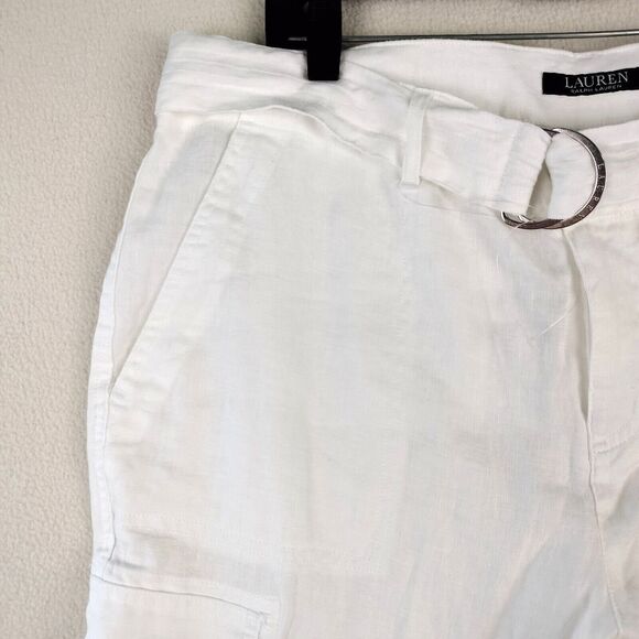 Lauren Ralph Lauren Linen Pants Women Size 14P White Cargo Belted Boho Beach NWT - Picture 10 of 16